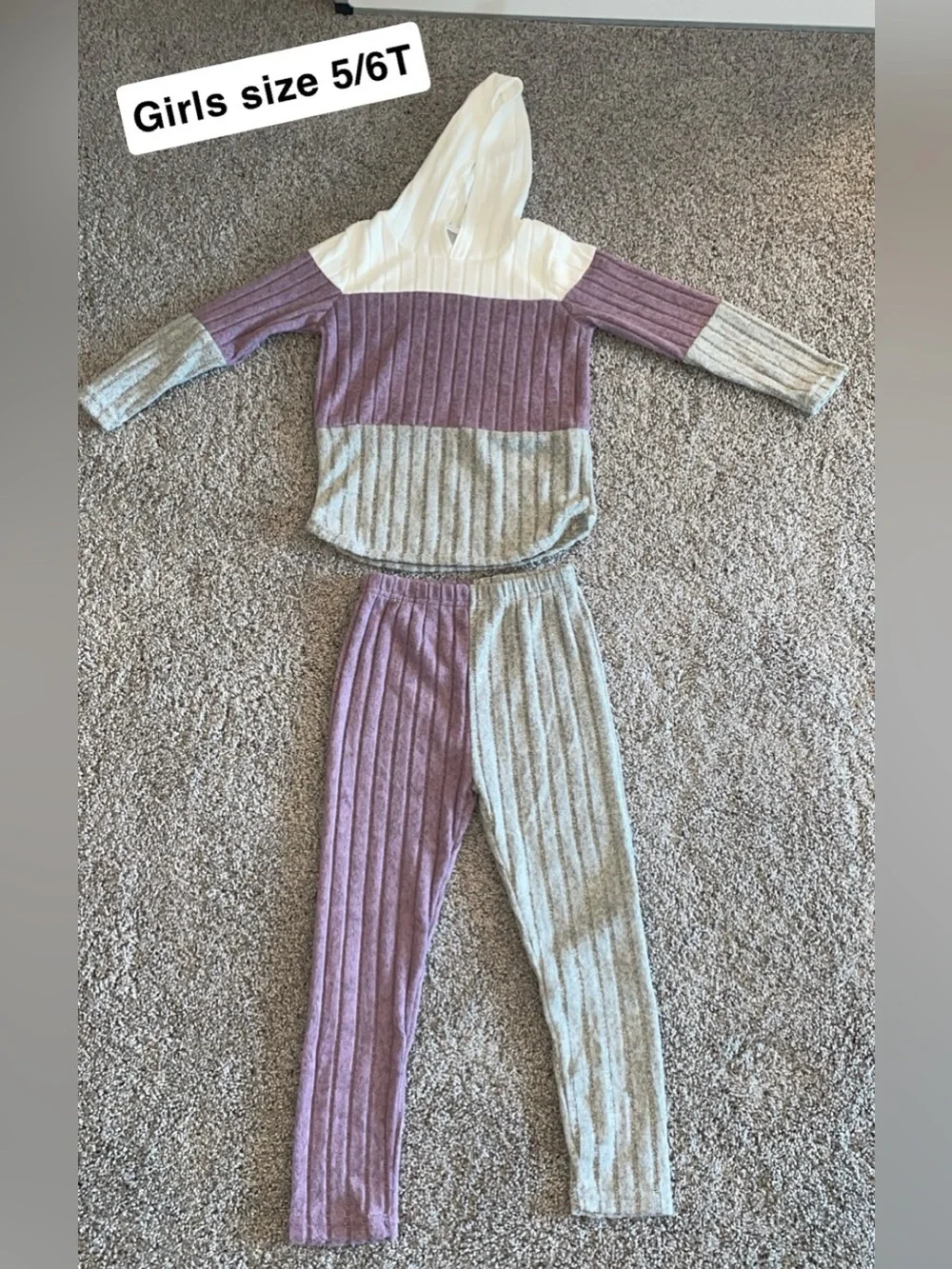 Girls Two-Tone Purple and Gray Ribbed Hooded Set